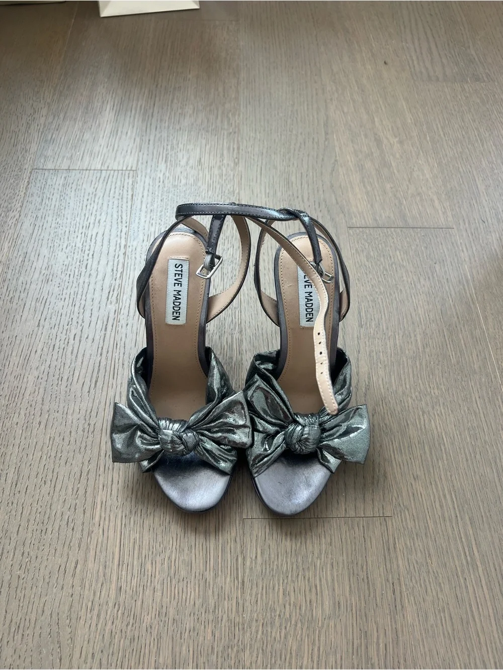 Steve Madden Gunmetal Metallic Silver Knotted Bow Ankle-Strap Heels